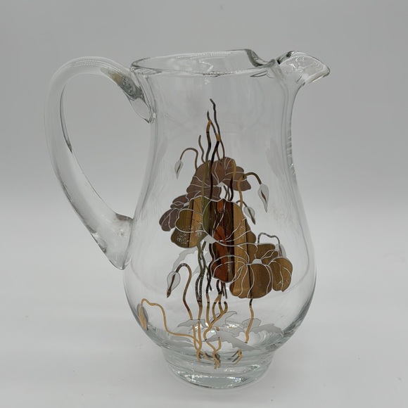 Vintage Gold Cyclamen Motif Mid Century Modern Glass Pitcher with Ice Lip 9.25" - Picture 6 of 9